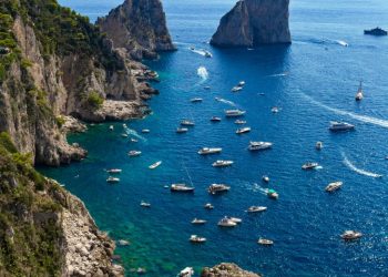 Capri, Italy. View from Giardini di Augusto overlooking Scoglio Unghia Marina