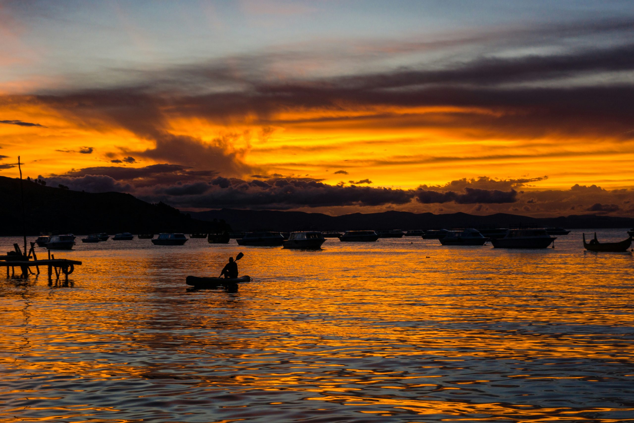 A dusk capture in the wonderful views offered by the highest navigable lake in the whole world: Lake Titicaca, here from Copacabana, Bolivia.